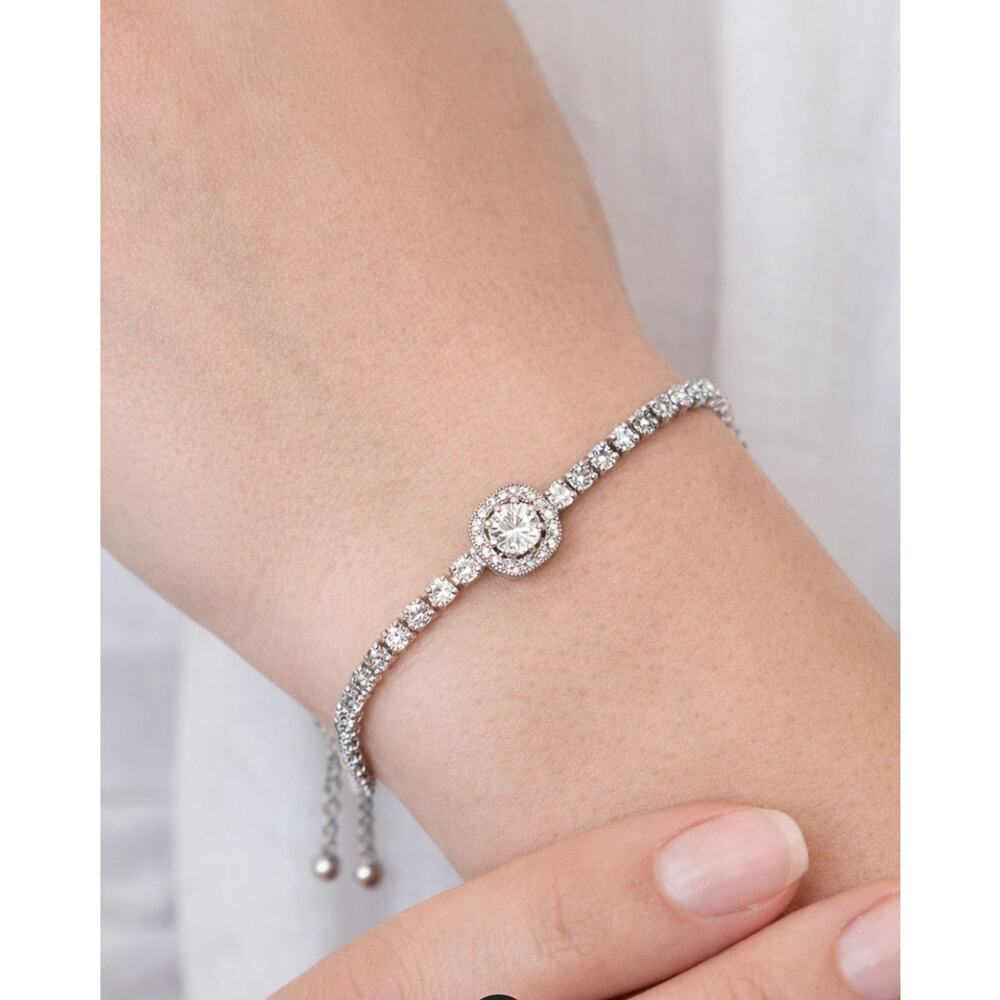 Stainless Steel Silver CZ Pull Tab Bracelet New